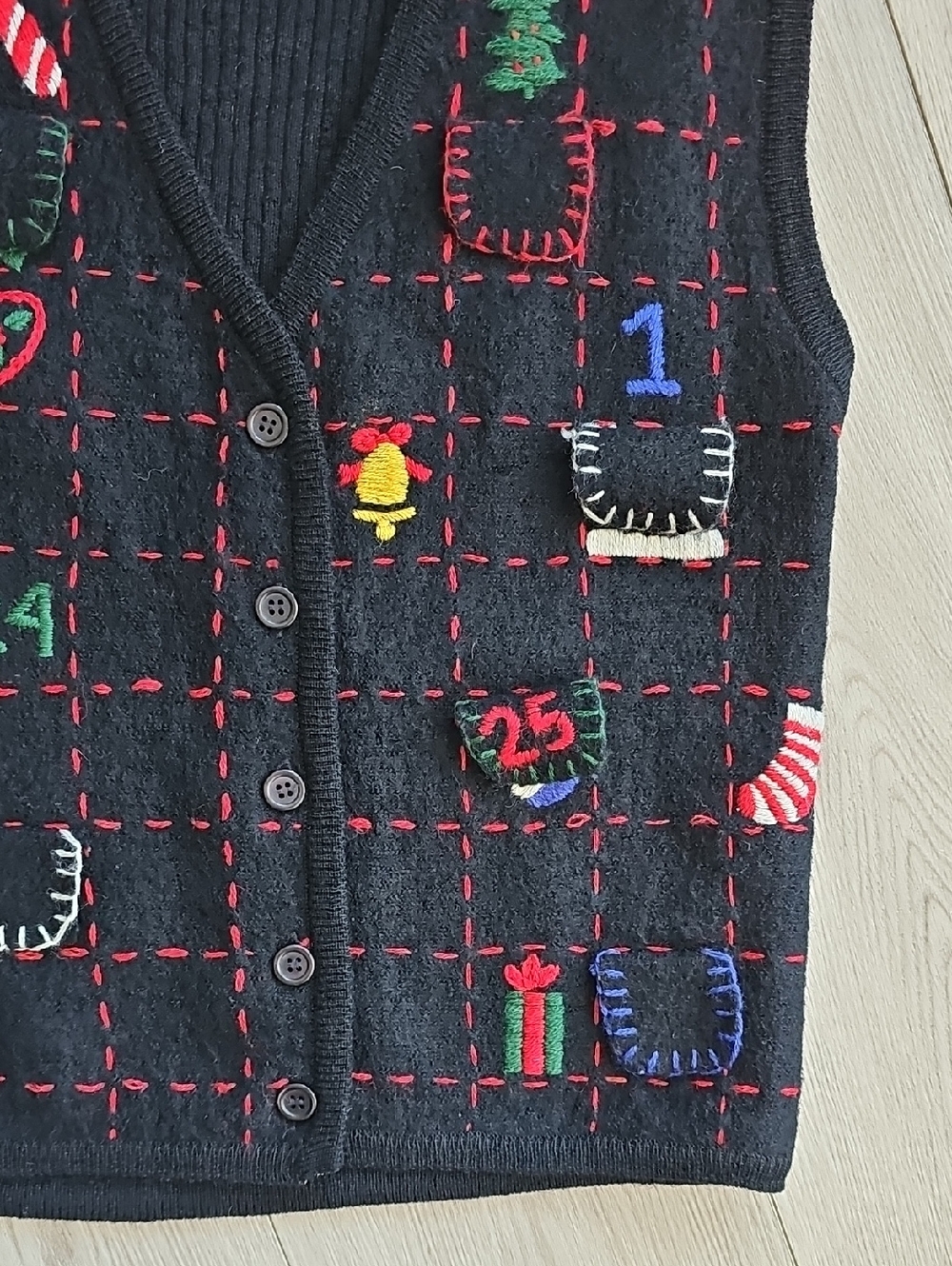Vintage Boiled Wool Ugly Christmas Sweater Vest Christmas Countdown Embroidery - Picture 4 of 13
